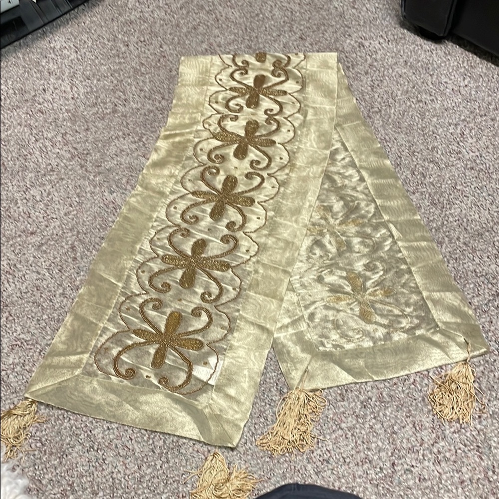 Gold beaded sheer tulle Gold fabric Table Runner